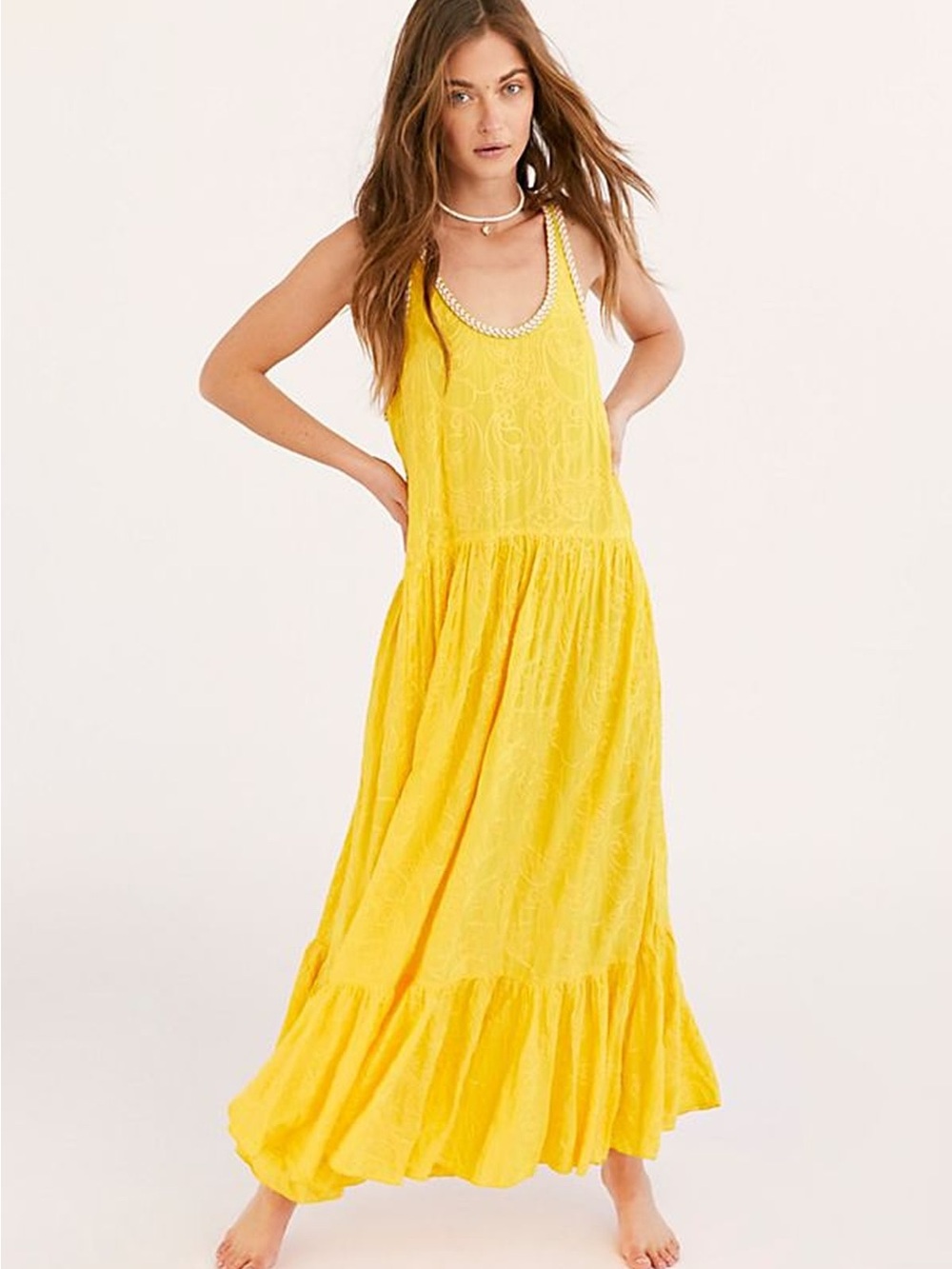 Yellow FREE PEOPLE Sleeveless Embroidered Maxi Dress